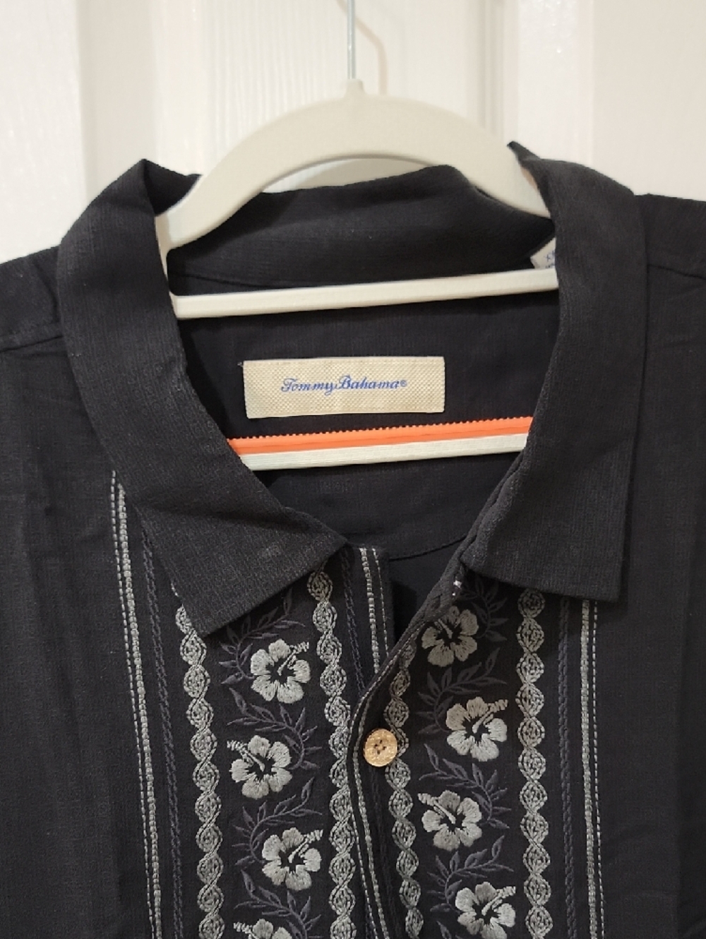 Tommy Bahama Black Silk Shirt with Gray Floral Embroidery - Picture 2 of 6